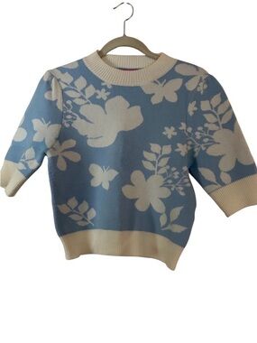 THML Blue and Cream Floral Short-Sleeve Crewneck Sweater Sz XS